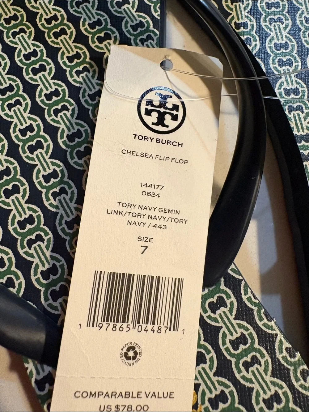 Tory Burch Navy Patterned Logo-Print Flip Flop Sandals